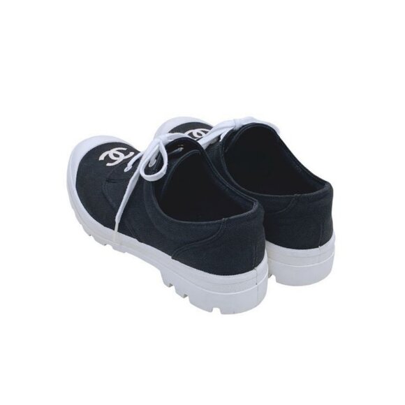 Authentic CHANEL CC Sneakers Black and White Coco Mark Bicolor Canvas Shoes 37 7 - Picture 6 of 8